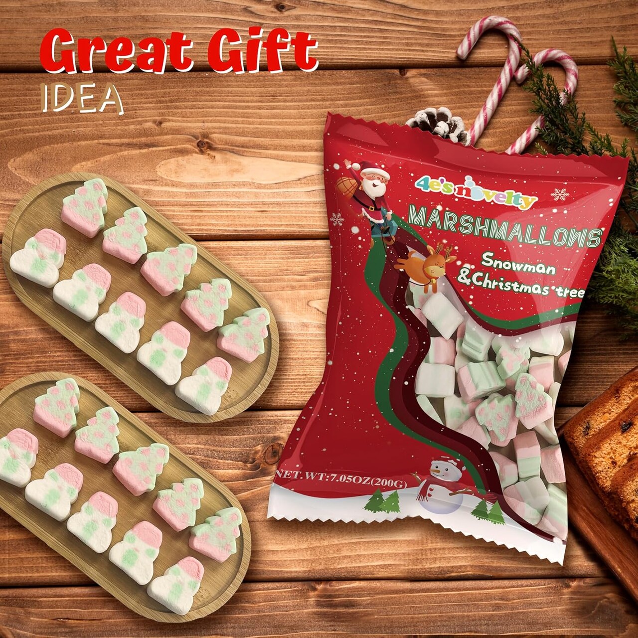 4E's Novelty Christmas Shaped Marshmallows - Soft Assorted Xmas Marshmallows in Fun Snowman Marshmallow, Santas Shapes Snowman Marshmallow Ideal Fun Xmas Candy for Stockings for Kids
